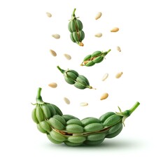 A solitary sesame seed descends against a white backdrop, captured with a complete depth of field.