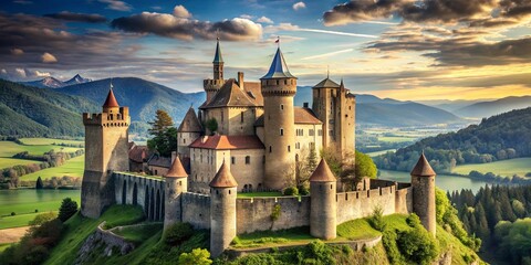 Fototapeta premium Medieval castle with turrets and walls standing tall in a scenic landscape, fortress, architecture, historical, kingdom, royalty