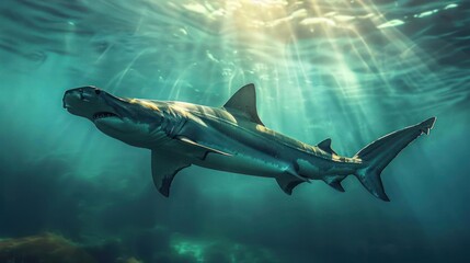 Obraz premium A large shark is swimming in open ocean water under a sunny sky.