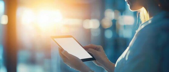 Businesswoman analyzing financial charts on a tablet, focused expression, modern office setting, digital data, strategic planning, HD quality