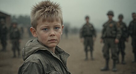 Poignant shot of a blonde boy in military style clothing, with armed figures in the background. This thought provoking image raises questions about childhood in conflict zones and the impact of war.