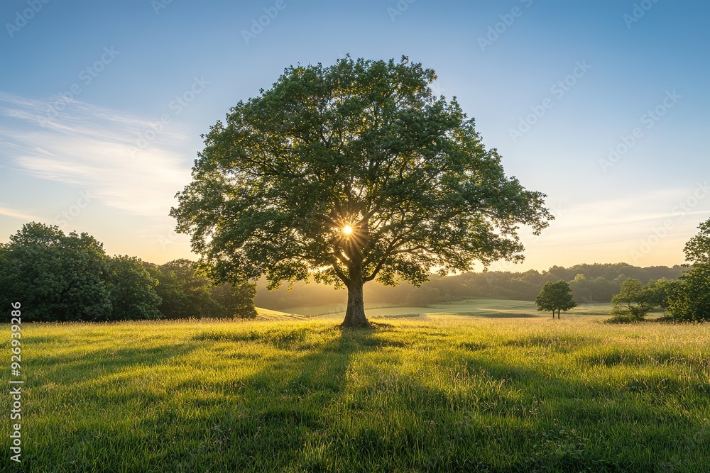 Poster a large tree is in the middle of a field with a bright sun shining on it