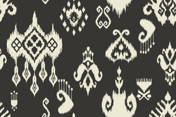 Ikat seamless pattern, geometric design, motif ethnic handmade, Ikat ethnic tribal, boho colors seamless wallpaper. Ethnic Ikat abstract background art, greeting cards, printing products