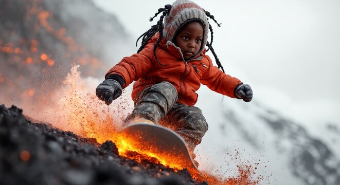 Dynamic action shot of a child snowboarding through flames and snow. This extreme image captures the thrill of adventure sports and the fearless spirit of youth.