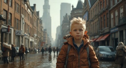 Fototapeta premium Determined portrait of a young blonde boy in a jacket, standing in a rainy urban street. His confident posture and direct gaze embody childhood resilience and independence in a big city.