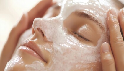 Naklejka premium Close-up of a woman applying a white facial mask.