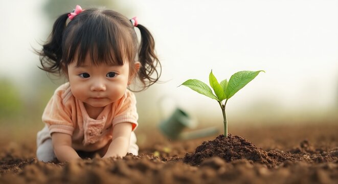 Heartwarming image of a young Asian girl planting a seedling. Her gentle smile and careful touch symbolize hope, growth, and the nurturing spirit of children towards the environment.