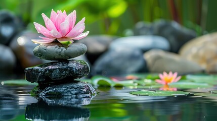 Pink orchids and black pyramid stones. Health background