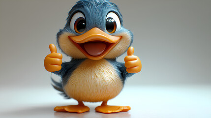 Happy smiling funny ginger duck cartoon character in 3d design style showing thumbs up gesture on white background. Cute fantasy animals concept
