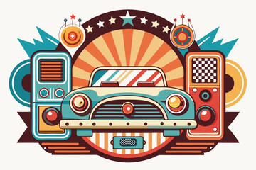 Retro Car with Geometric Design and Vintage Radio