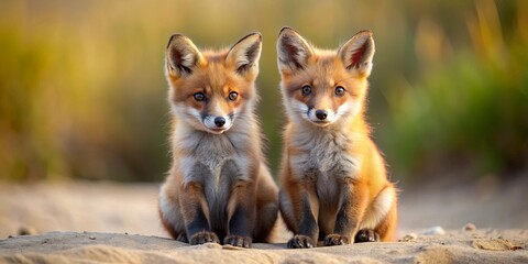 Obraz premium Two adorable red fox kits sitting side by side on sandy ground, red fox, kits, cute, young, wild, animals, wildlife, mammals, fur