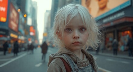 Portrait of a young girl with striking white blonde hair in a city environment. Her serious expression suggests early maturity and awareness of urban surroundings.