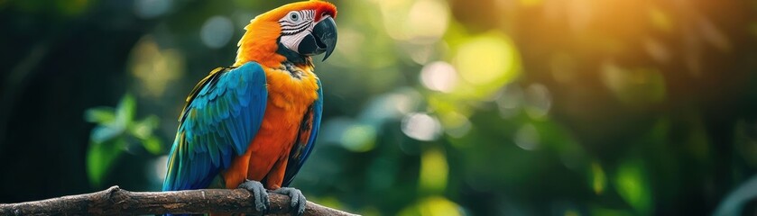 Fototapeta premium A colorful macaw perched on a branch with lush green foliage in the background.