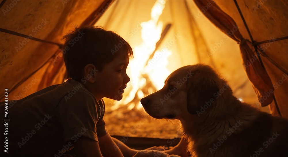 Wall mural young boy and golden retriever share intimate moment inside orange tent, warm glow of campfire illum