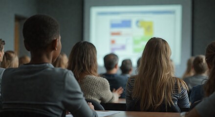 Rear view of diverse audience in business attire, focused on presentation screen showing graphs and charts