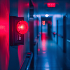 Emergency red light exit alarm on the wall in the building interior. Danger warning for rescue evacuation because of the fire, protection, safety and security system. Caution signal, urgency siren .