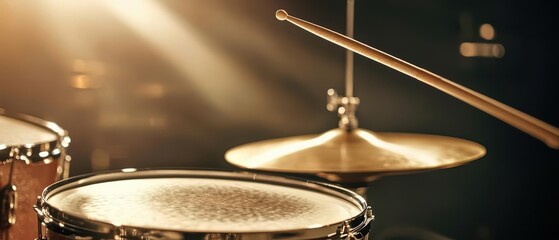 Closeup of a drum set with cymbal and drumstick in focus.