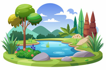 Naklejka premium A Serene Landscape with a Winding River and Lush Greenery