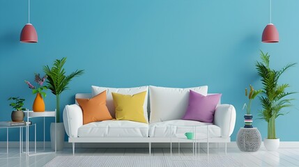 Minimalist Living Room with Vibrant Cushions and Cozy Home Mockup in 3D Rendering