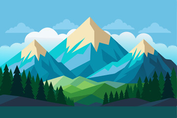 Naklejka premium Mountain Range with Green Forest and Blue Sky