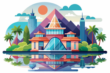 Fototapeta premium Modern Building with Reflection in Water and Surrounding Landscape