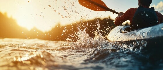 Kayaker paddling through whitewater rapids in a scenic river surrounded by lush green forest.