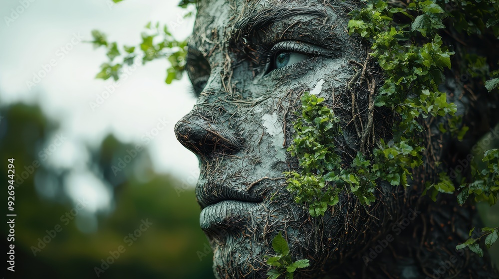 Poster a serene and contemplative face made of vines and leaves, blending with nature. expression evokes se