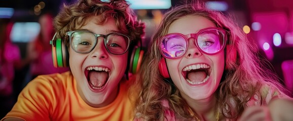 Obraz premium Streamer Boy And Influencer Girl Gaming Together, Excitement And Connection