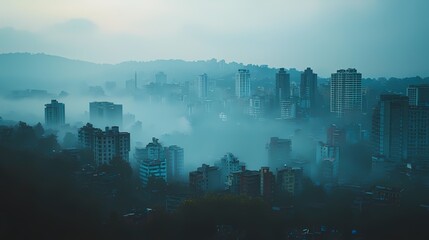 A serene view of a city skyline shrouded in mist, creating a mystical atmosphere against the backdrop of distant mountains.