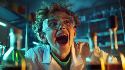 A joyful child in lab coat and safety goggles, expressing excitement in science lab. 
