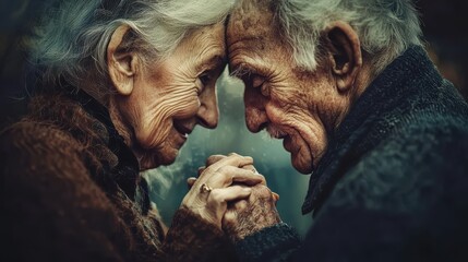 A touching moment between an elderly couple, showcasing love and connection. Their foreheads gently touch as they hold hands, expressing deep affection and warmth. 