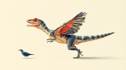 Fototapeta premium A vibrant illustration of a feathered dinosaur with wings alongside a small bird, showcasing an imaginative encounter in nature.