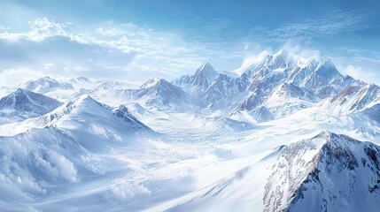 Obraz premium A breathtaking winter landscape featuring majestic snow covered mountains, evoking sense of tranquility and awe. vast expanse of white snow contrasts beautifully with blue sky. 