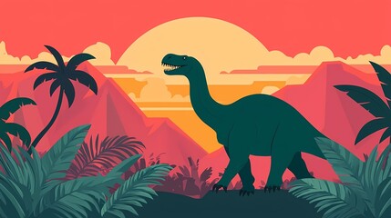 Fototapeta premium A vibrant silhouette of a dinosaur against a colorful sunset, surrounded by exotic plants and mountains in a prehistoric landscape.