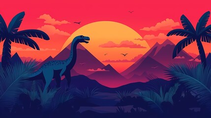 Naklejka premium A vibrant sunset scene featuring a dinosaur silhouette among silhouettes of mountains and tropical plants.