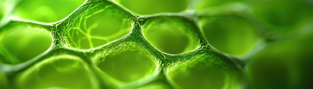Close-up of green plant cells, showcasing intricate cellular structure.