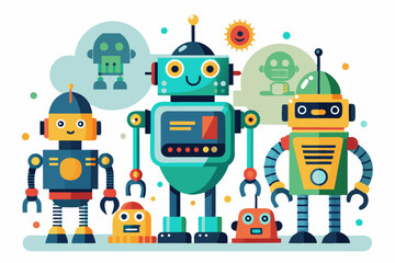 Group of cheerful robots with different body parts and expressions