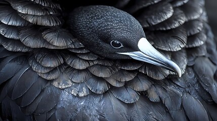 Close-up of a black bird with glossy feathers and striking eyes, showcasing its unique plumage and distinct features.