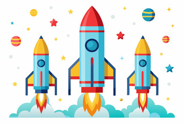 Three Cartoon Rockets Launching into Space