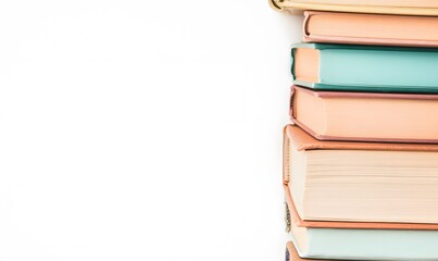 Pile of colorful books on white background, Generative AI