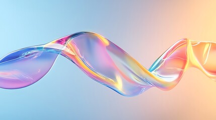 Abstract iridescent liquid swirl on a light blue and peach background.