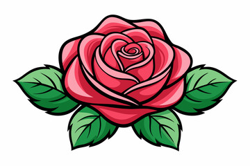 Cartoon Illustration of a Pink Rose with Green Leaves