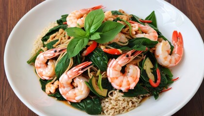  Delicious shrimp stirfry with fresh greens and rice