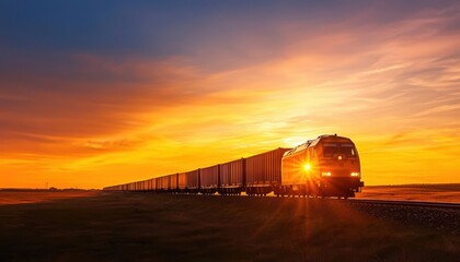 Silhouette of a freight train passing through a rural landscape, long line of cargo cars, dusk sky, moving goods across the country, ultra HD detail