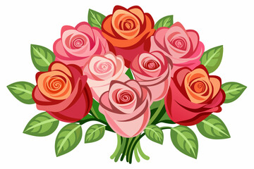 Obraz premium Bouquet of Pink and Orange Roses with Green Leaves