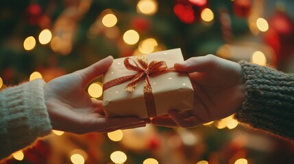 Two people exchanging a beautifully wrapped gift in front of festive holiday lights, celebrating the joy and warmth of the Christmas season.