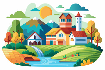 A Picturesque Village nestled Amidst Mountains, a River, and Lush Greenery