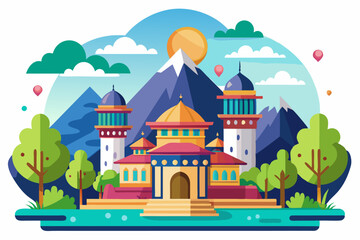 A mosque with minarets surrounded by trees, mountains, and a sun