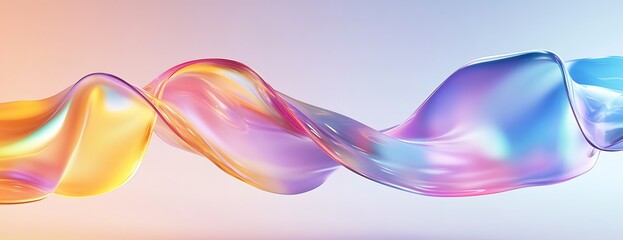 Abstract liquid-like 3D shapes in yellow, blue, and pink with a slight iridescence against a pastel background.