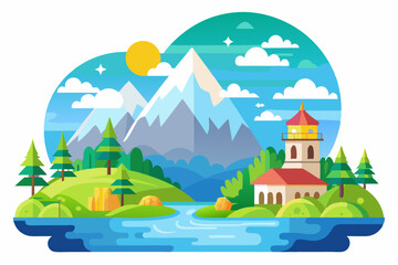 Mountain Landscape With Tower, River, and Sun